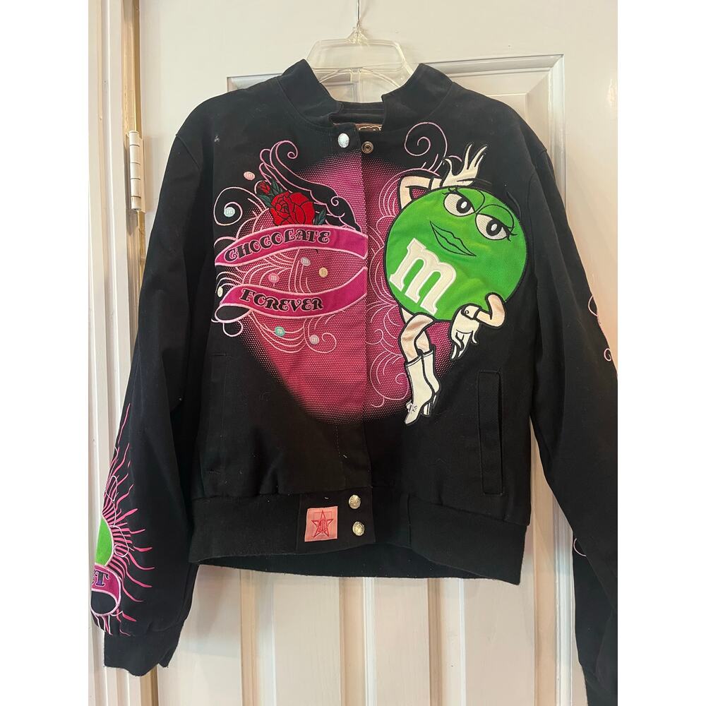 M&M JH Racing Bomber Jacket Women Medium All Over Print Y2K Grunge Embroidered
